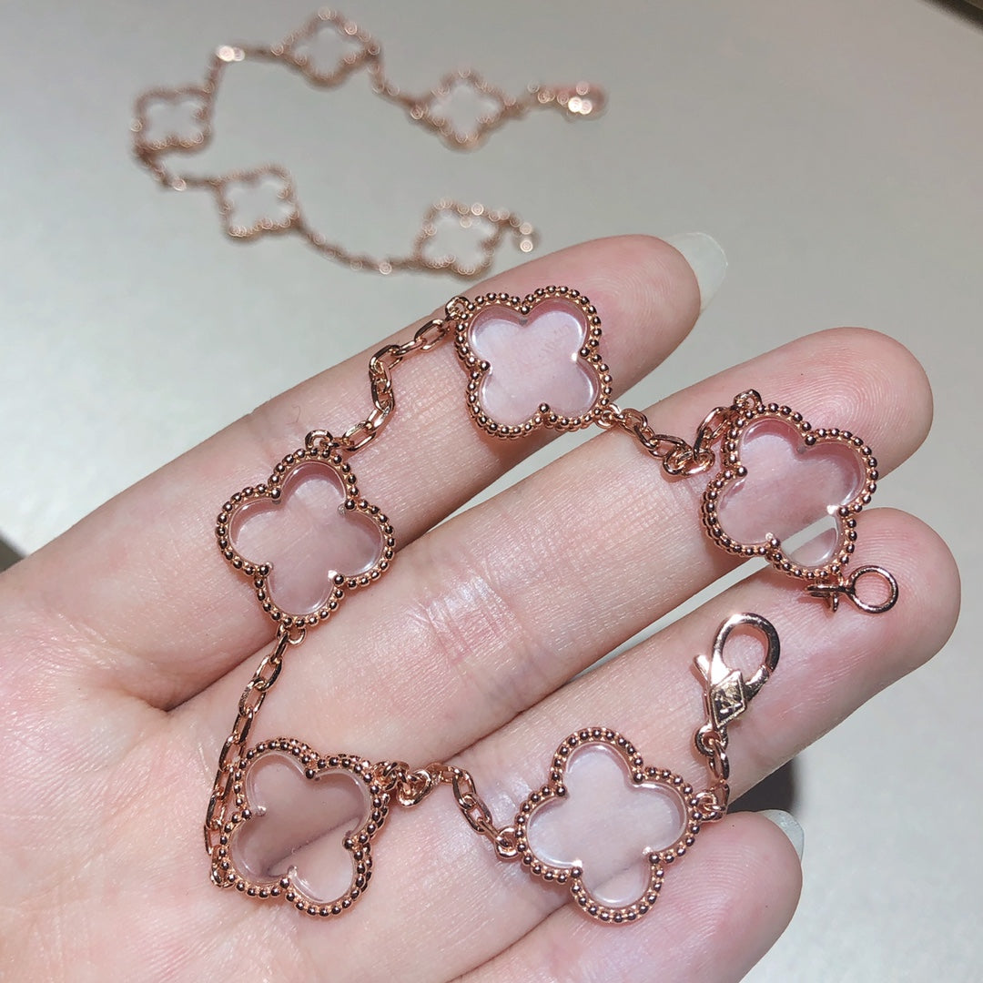 [Windsor Jewelry]CLOVER 5 MOTIF ROCK CRYSTAL PINK GOLD BRACELET