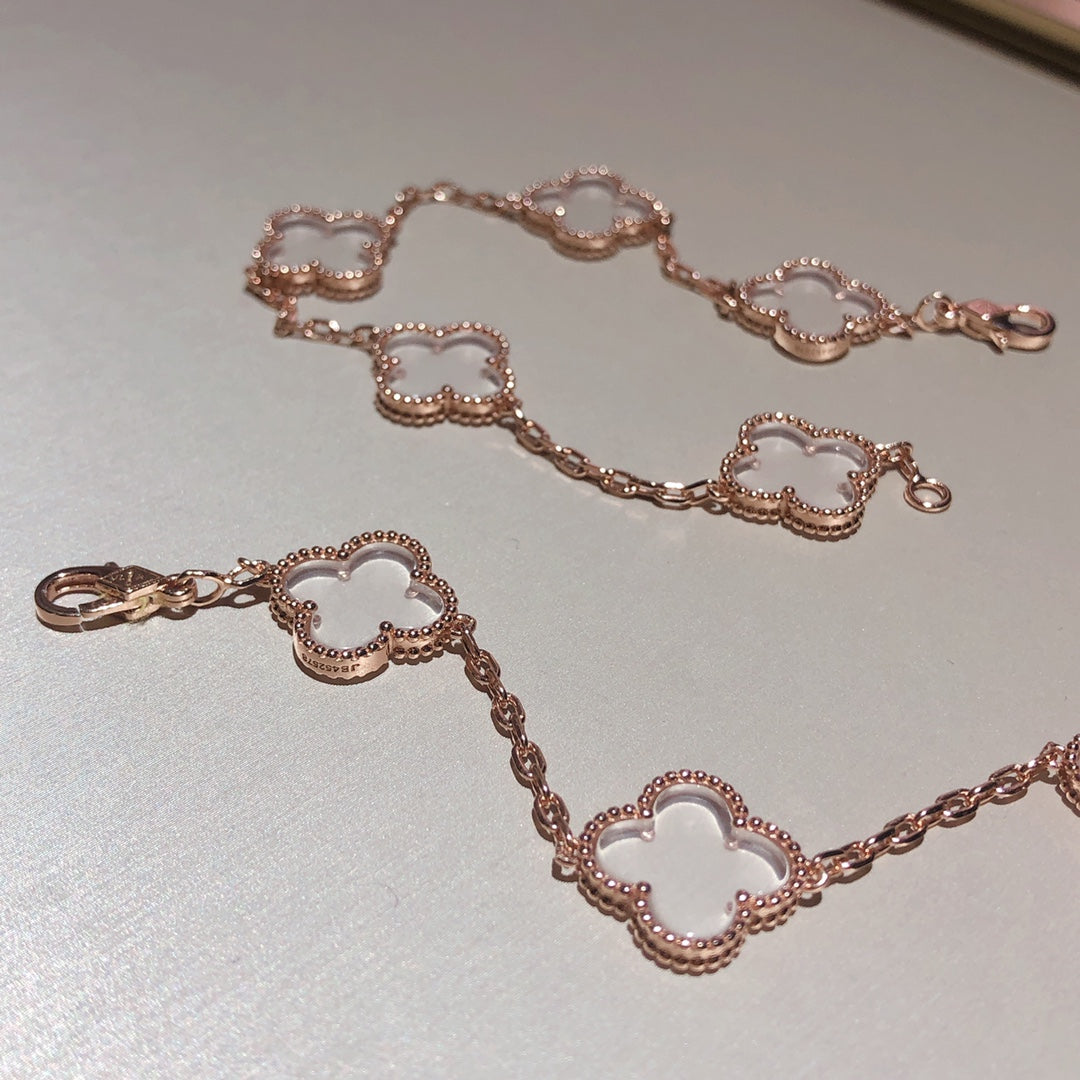 [Windsor Jewelry]CLOVER 5 MOTIF ROCK CRYSTAL PINK GOLD BRACELET