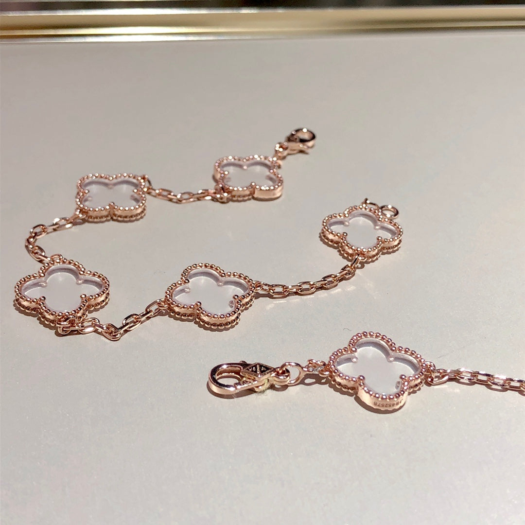 [Windsor Jewelry]CLOVER 5 MOTIF ROCK CRYSTAL PINK GOLD BRACELET