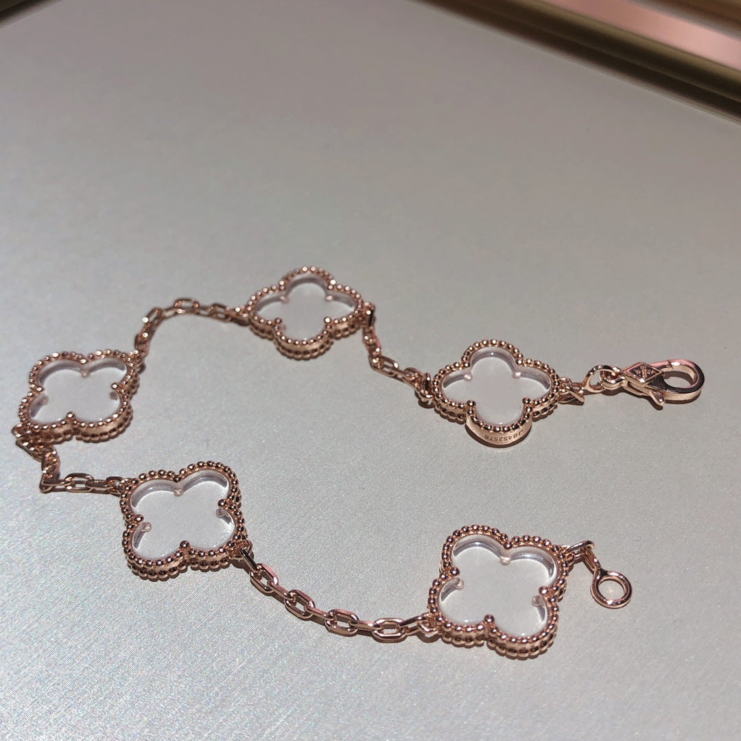 [Windsor Jewelry]CLOVER 5 MOTIF ROCK CRYSTAL PINK GOLD BRACELET