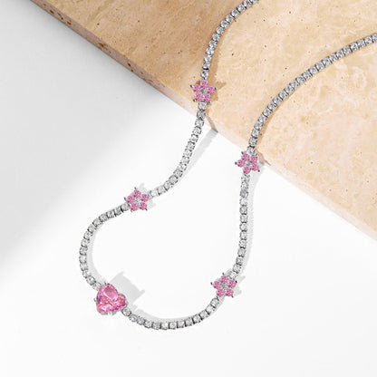[Windsor Jewelry]Dazzling Pink Heart Flower Necklace