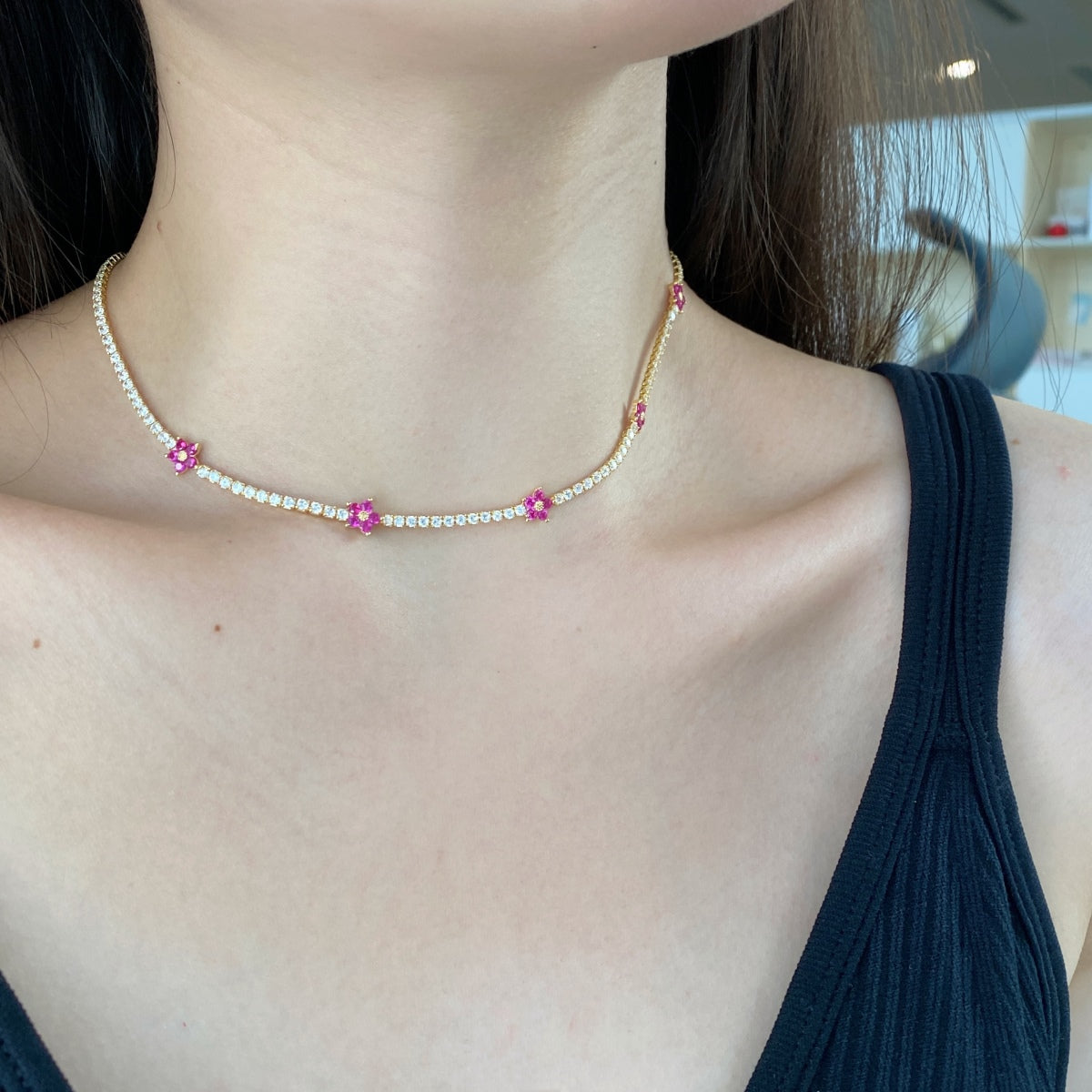[Windsor Jewelry]Luxurious Colorful Flower Tennis Necklace