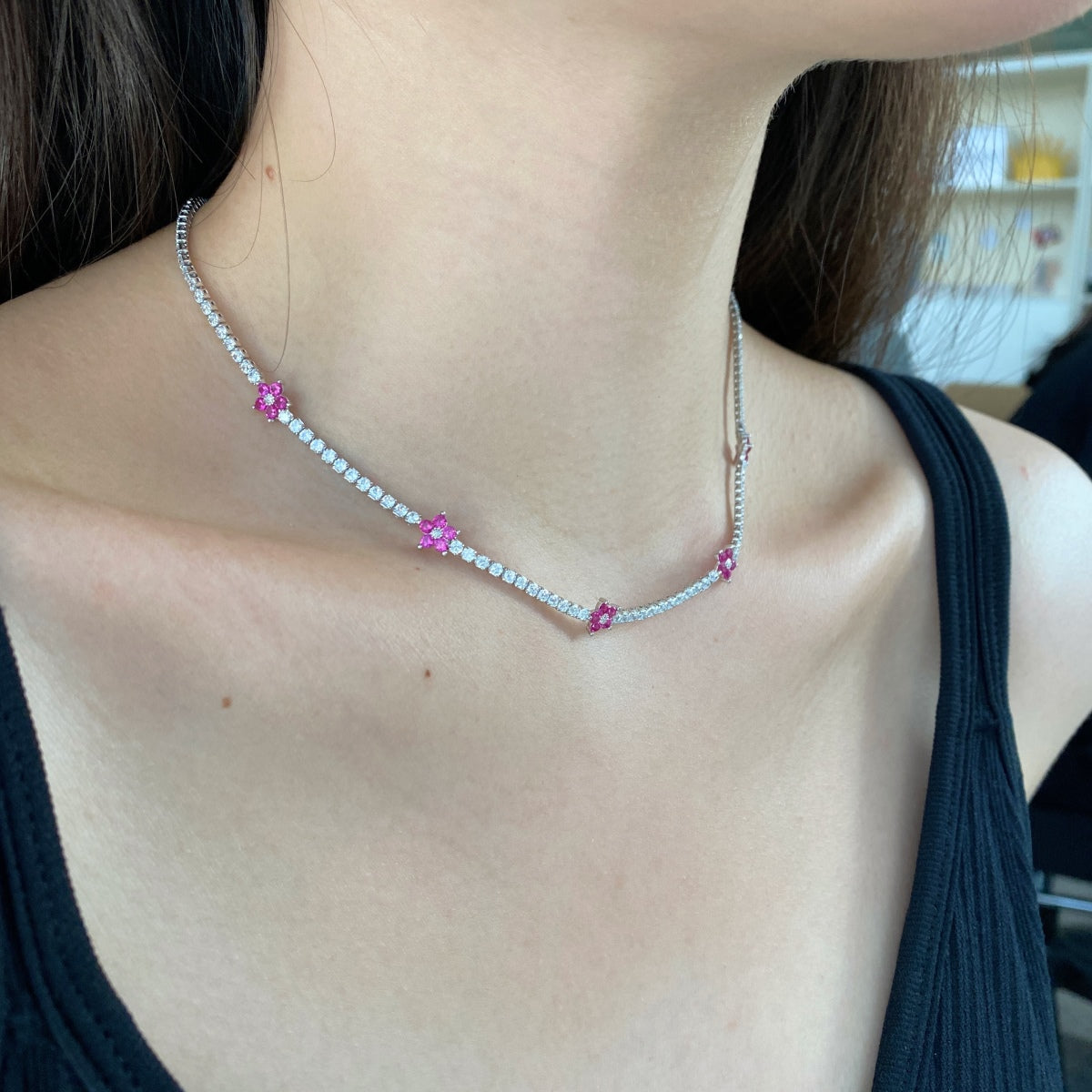 [Windsor Jewelry]Luxurious Colorful Flower Tennis Necklace