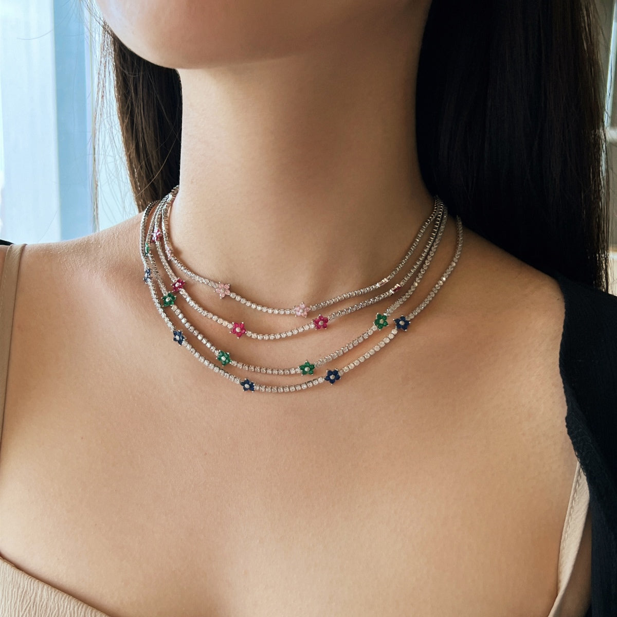 [Windsor Jewelry]Luxurious Colorful Flower Tennis Necklace