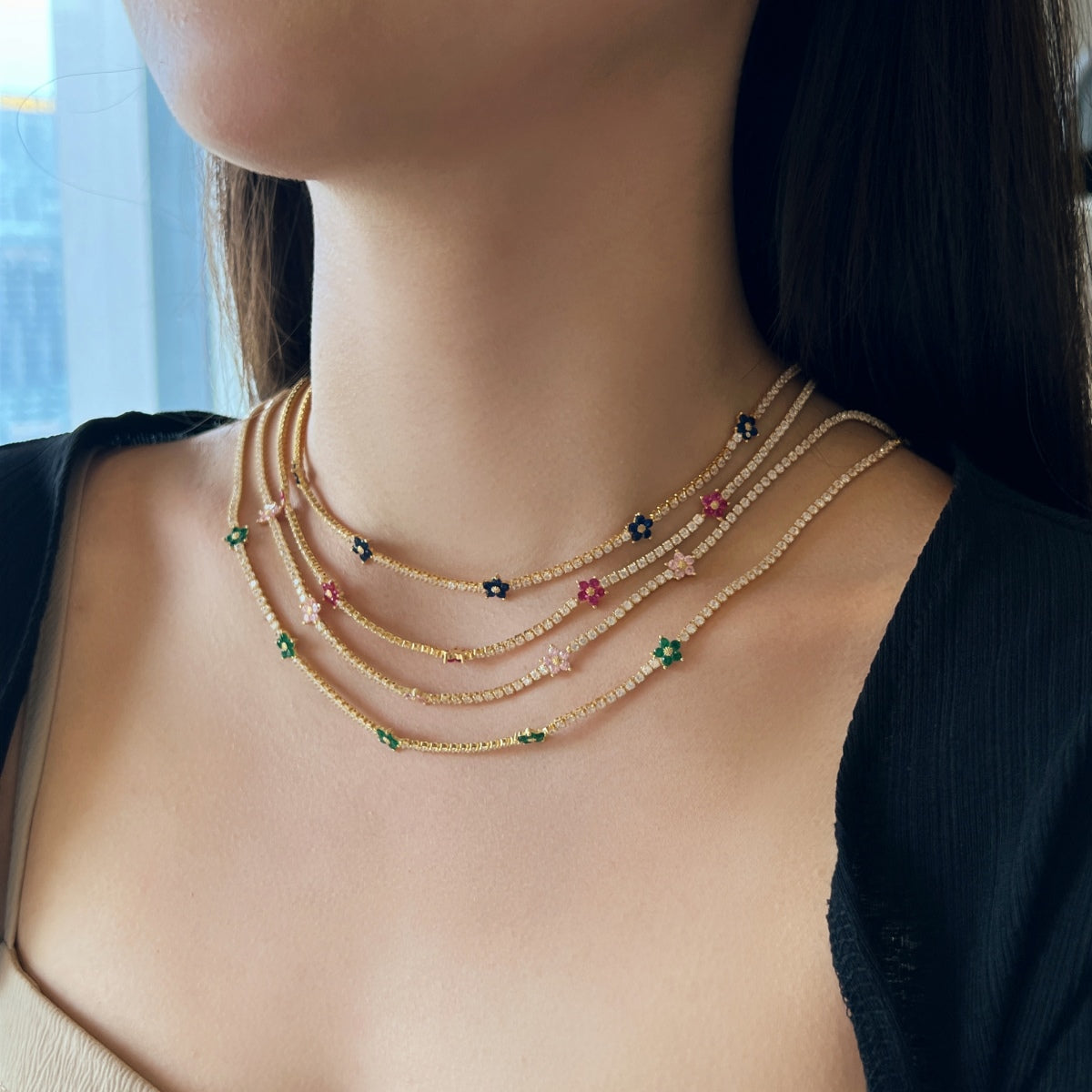 [Windsor Jewelry]Luxurious Colorful Flower Tennis Necklace