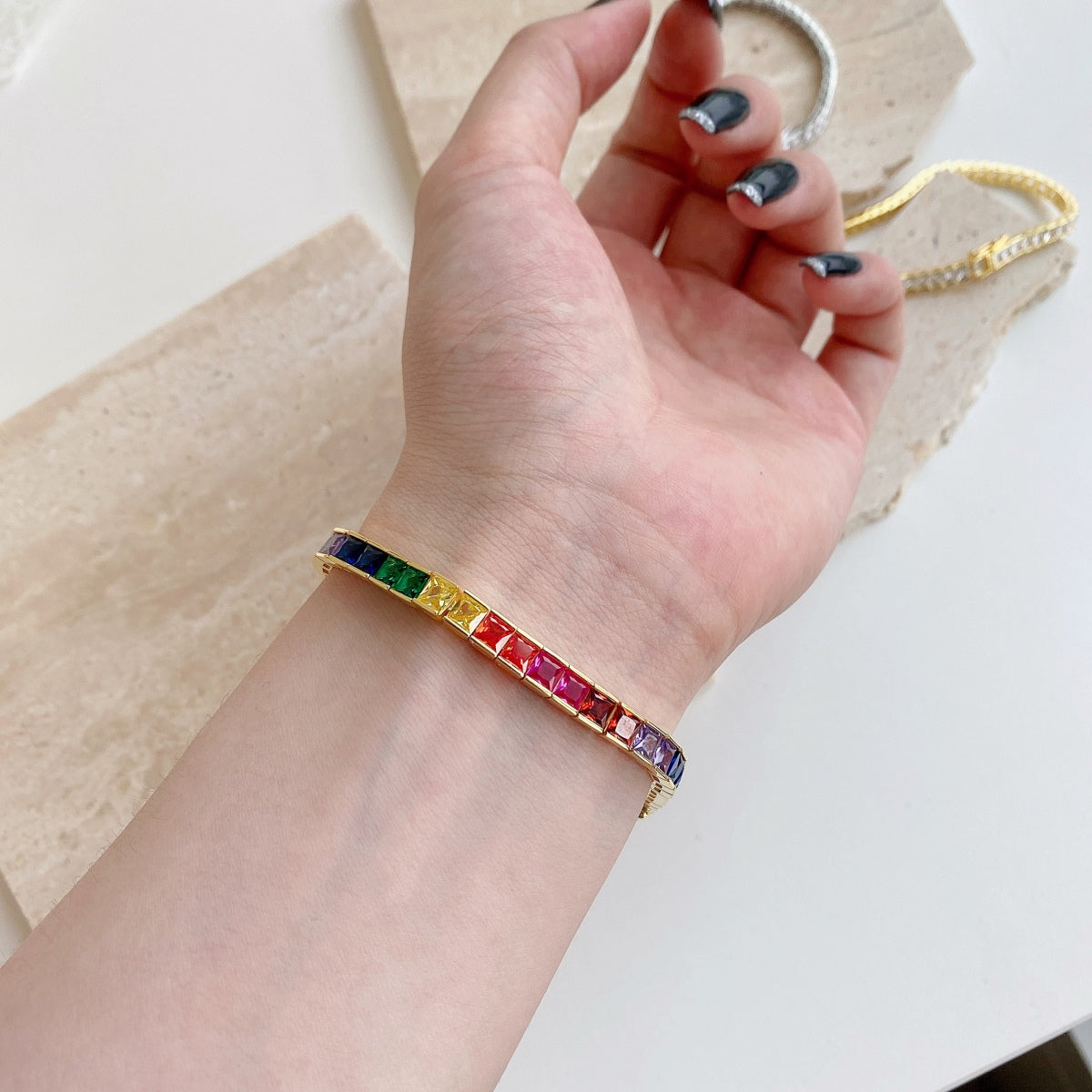 [Windsor Jewelry]Radiant Colorful Princess Cut Tennis Bracelet