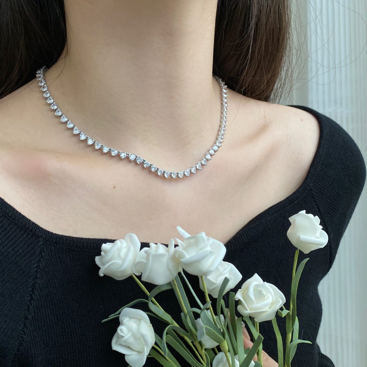 [Windsor Jewelry]Ornate Heart Cut Tennis Necklace