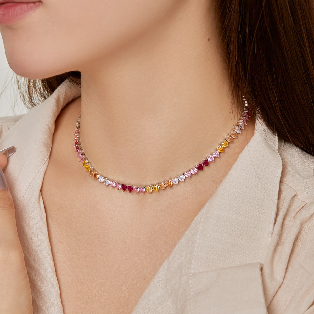 [Windsor Jewelry]Sparkling Colorful Full Heart Tennis Necklace
