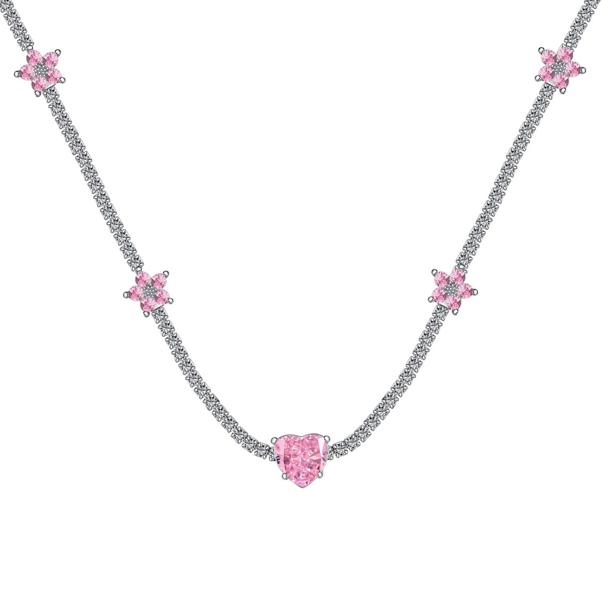 [Windsor Jewelry]Dazzling Pink Heart Flower Necklace