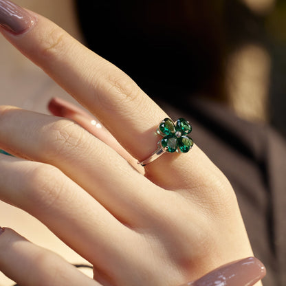 [Windsor Jewelry]Heart-shaped Four-Leaf Clover Ball Ring