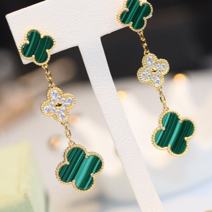 [Windsor Jewelry]CLOVER EARRINGS GOLD MALACHITE DIAMOND 3 MOTIF