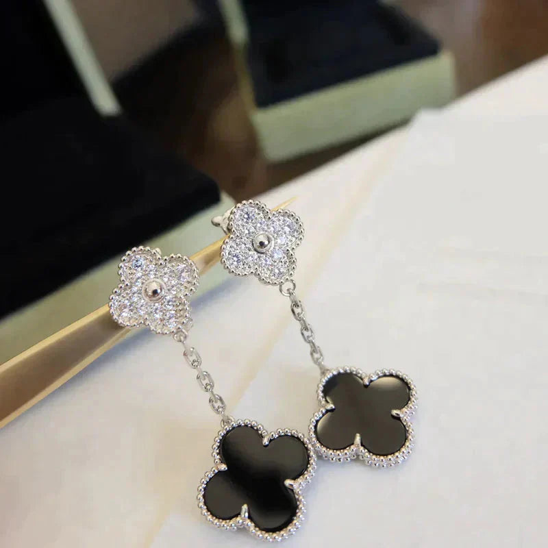 [Windsor Jewelry]CLOVER 2 MOTIFS  DIAMOND ONYX EARRINGS SILVER