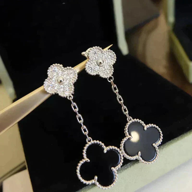 [Windsor Jewelry]CLOVER 2 MOTIFS  DIAMOND ONYX EARRINGS SILVER