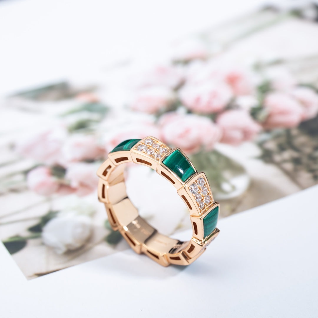 [Windsor Jewelry]SERPENTI RING PINK GOLD MALACHITE DIAMOND PAVED 4MM