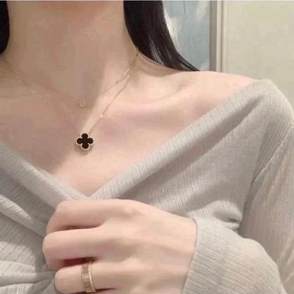 [Windsor Jewelry]CLOVER 15MM BLACK ONYX SINGLE FLOWER NECKLACE