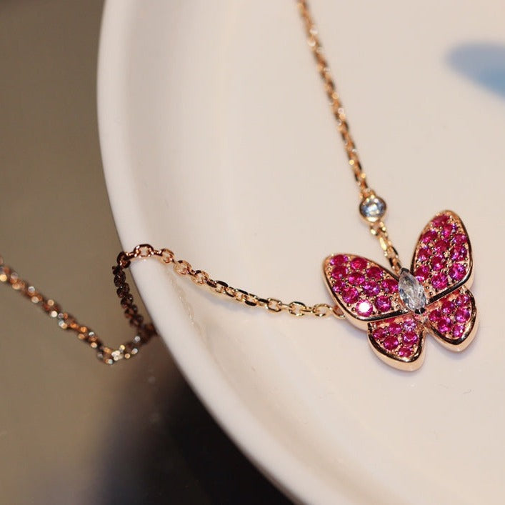 [Windsor Jewelry]BUTTERFLY RED DIAMOND ROSE GOLD NECKLACE