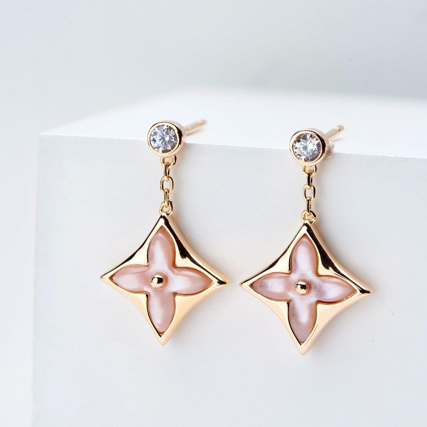 [Windsor Jewelry]DOUBLE STAR PINK GOLD MOP DROP EARRINGS