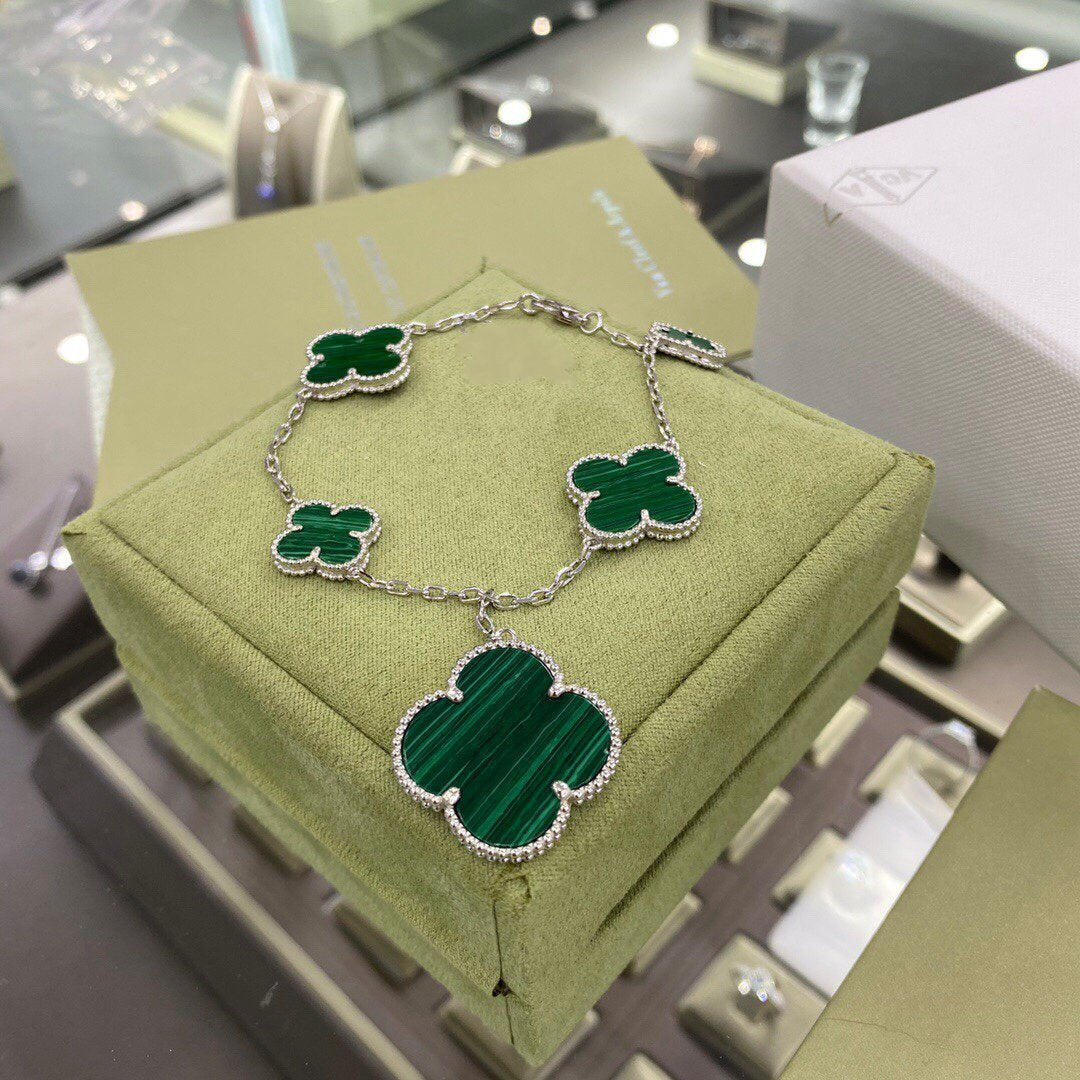 [Windsor Jewelry]CLOVER 5 MOTIFS SIVLER MALACHITE BRACELET