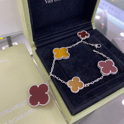 [Windsor Jewelry]CLOVER 5 MOTIFS SIVLER CARNELIAN TIGER EYE BRACELET