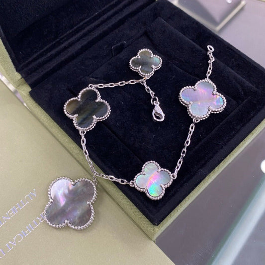 [Windsor Jewelry]CLOVER 5 MOTIFS SIVLER DARK MOP BRACELET