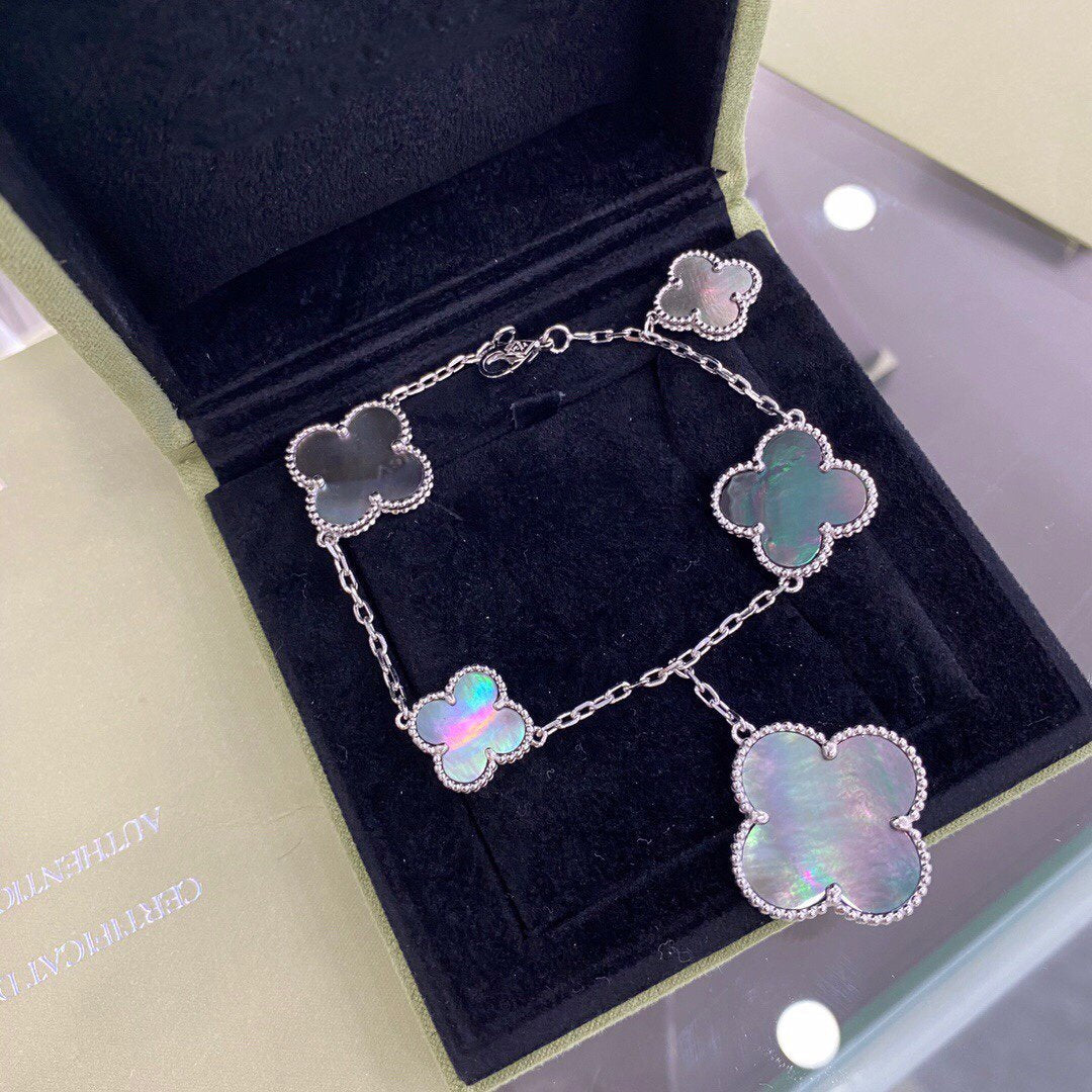 [Windsor Jewelry]CLOVER 5 MOTIFS SIVLER DARK MOP BRACELET