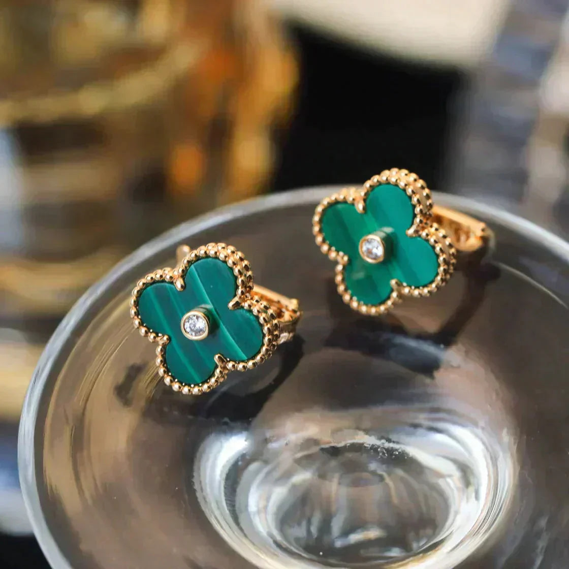 [Windsor Jewelry]CLOVER MEDIUM 1 MOTIFS MALACHITE DIAMOND EARRINGS