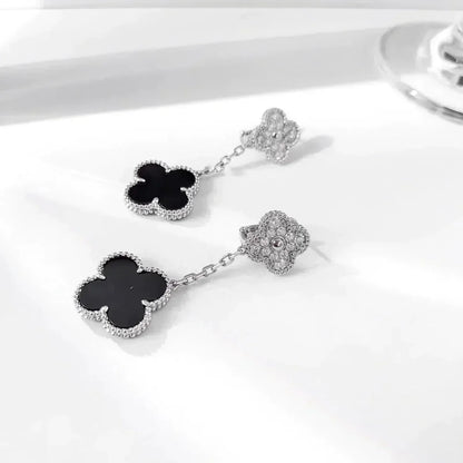 [Windsor Jewelry]CLOVER 2 MOTIFS  DIAMOND ONYX EARRINGS SILVER