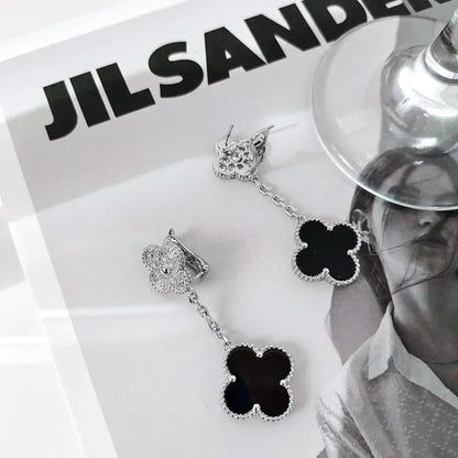 [Windsor Jewelry]CLOVER 2 MOTIFS  DIAMOND ONYX EARRINGS SILVER