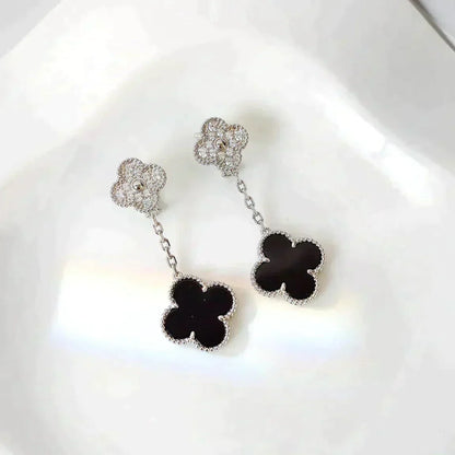 [Windsor Jewelry]CLOVER 2 MOTIFS  DIAMOND ONYX EARRINGS SILVER