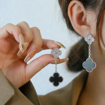 [Windsor Jewelry]CLOVER 2 MOTIFS  DIAMOND ONYX EARRINGS SILVER