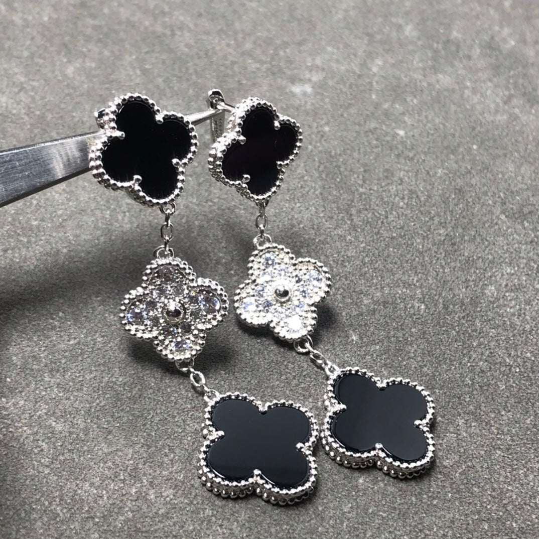[Windsor Jewelry]CLOVER 3 MOTIF DIAMOND ONYX SILVER EARRINGS