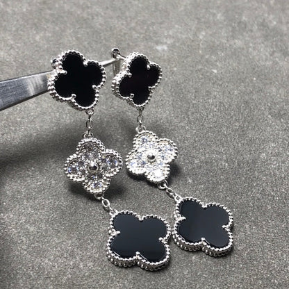 [Windsor Jewelry]CLOVER 3 MOTIF DIAMOND ONYX SILVER EARRINGS