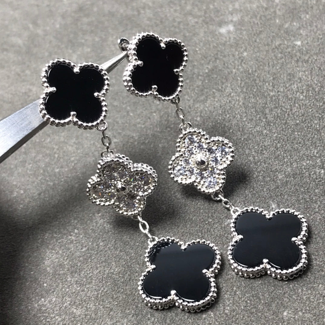 [Windsor Jewelry]CLOVER 3 MOTIF DIAMOND ONYX SILVER EARRINGS