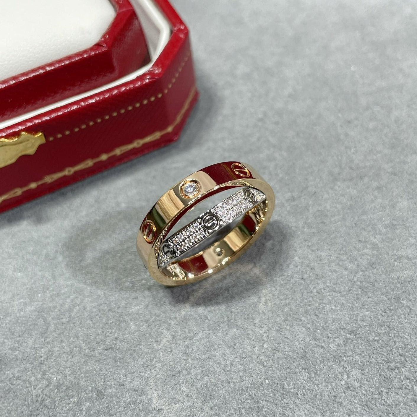 [Windsor Jewelry]LOVE PINK GOLD SILVER DIAMOND DOUBLE RING