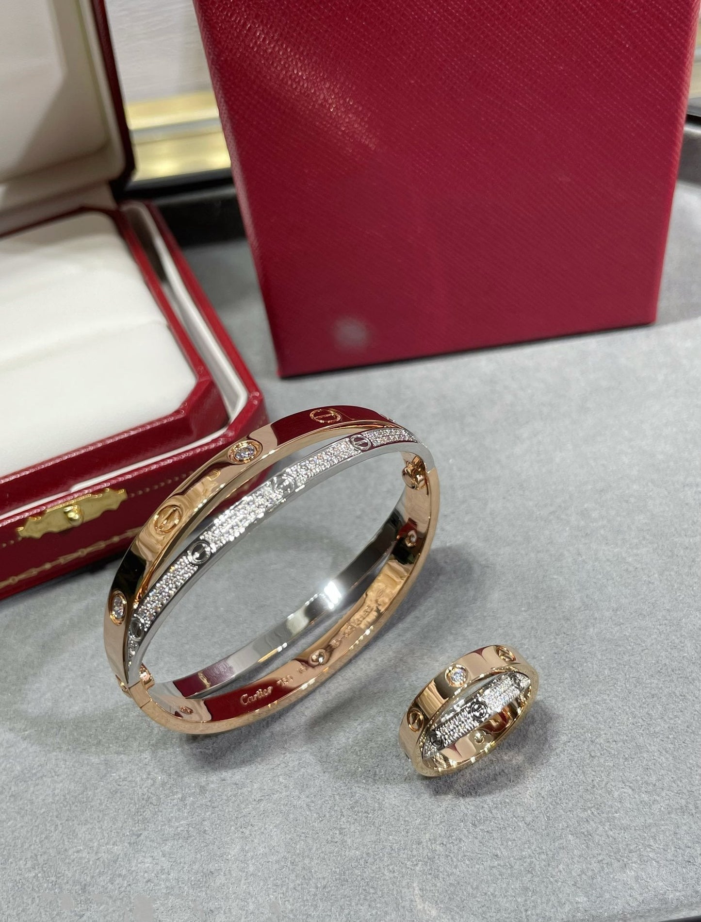 [Windsor Jewelry]LOVE PINK GOLD SILVER DIAMOND DOUBLE RING