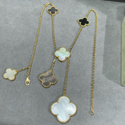 [Windsor Jewelry]CLOVER 6 MOTIF MOP ONYX GOLD NECKLACE