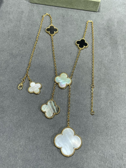 [Windsor Jewelry]CLOVER 6 MOTIF MOP ONYX GOLD NECKLACE