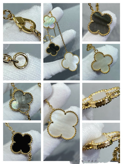 [Windsor Jewelry]CLOVER 6 MOTIF MOP ONYX GOLD NECKLACE