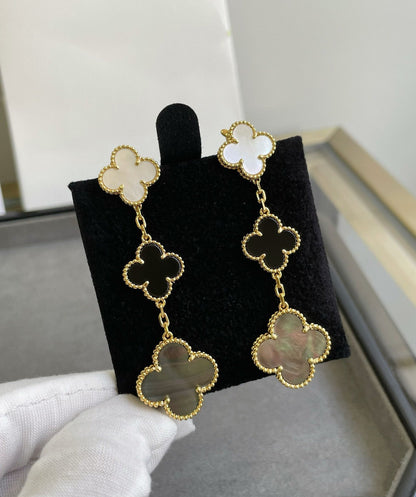 [Windsor Jewelry]CLOVER 3 MOTIF MOP ONYX DARK MOP PINK GOLD EARRINGS