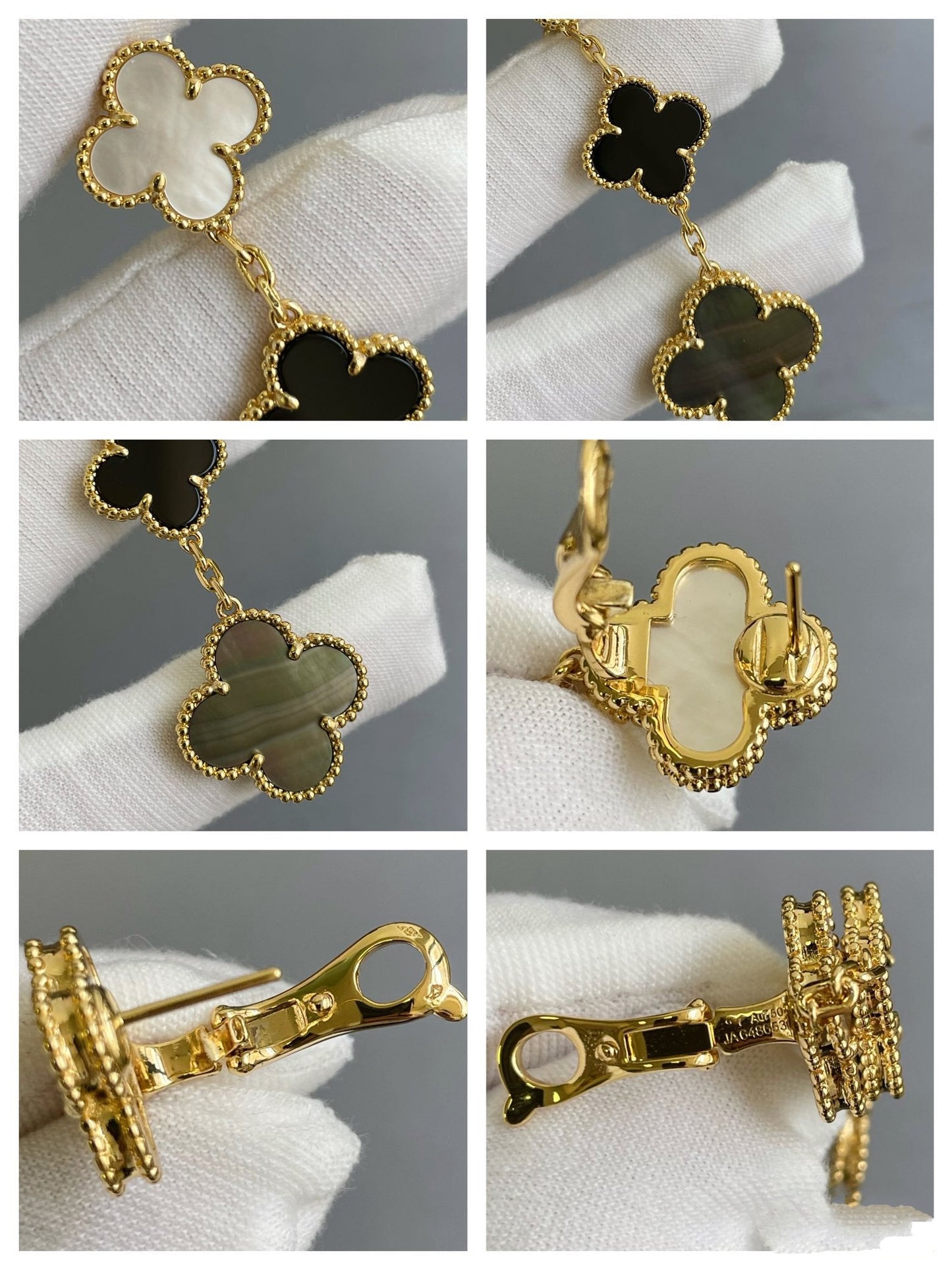 [Windsor Jewelry]CLOVER 3 MOTIF MOP ONYX DARK MOP PINK GOLD EARRINGS
