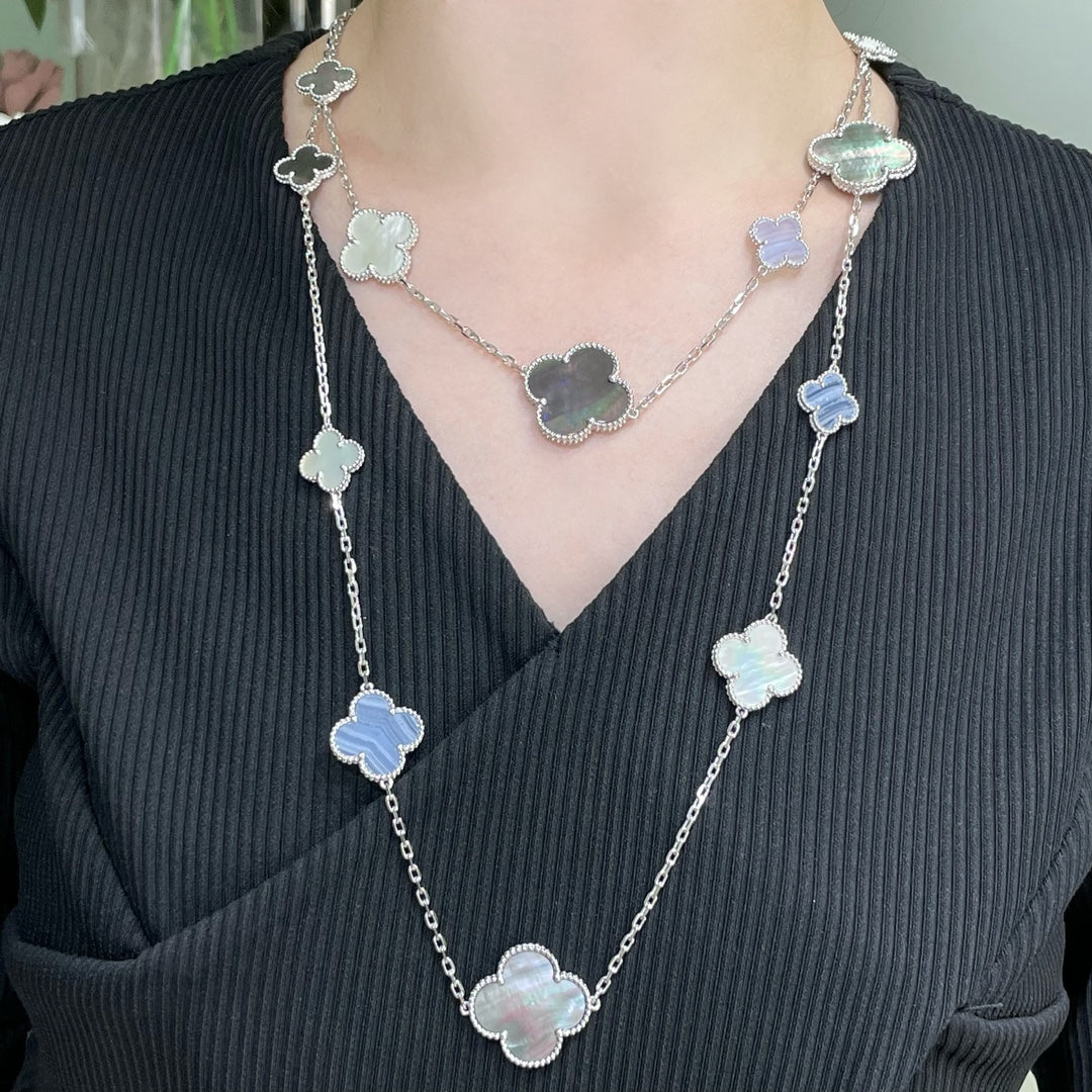 [Windsor Jewelry]CLOVER 16 MOTIF CHALCEDONY MOP SILVER NECKLACE