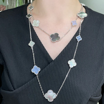 [Windsor Jewelry]CLOVER 16 MOTIF CHALCEDONY MOP SILVER NECKLACE