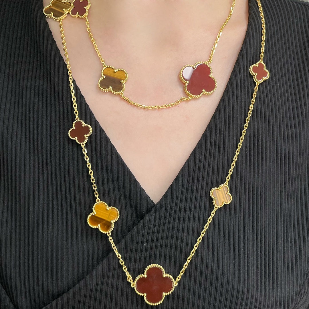 [Windsor Jewelry]CLOVER 16 MOTIF CARNELIAN TIGER EYE ROSE GOLD NECKLACE
