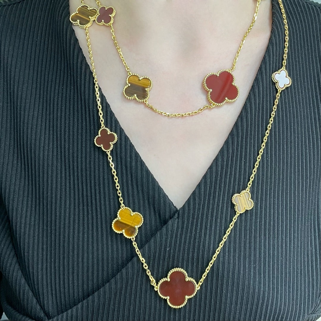 [Windsor Jewelry]CLOVER 16 MOTIF CARNELIAN TIGER EYE ROSE GOLD NECKLACE