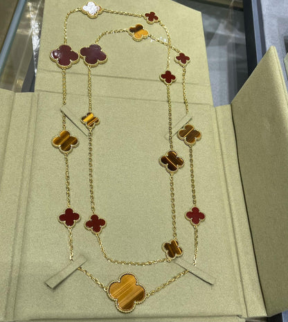 [Windsor Jewelry]CLOVER 16 MOTIF CARNELIAN TIGER EYE ROSE GOLD NECKLACE