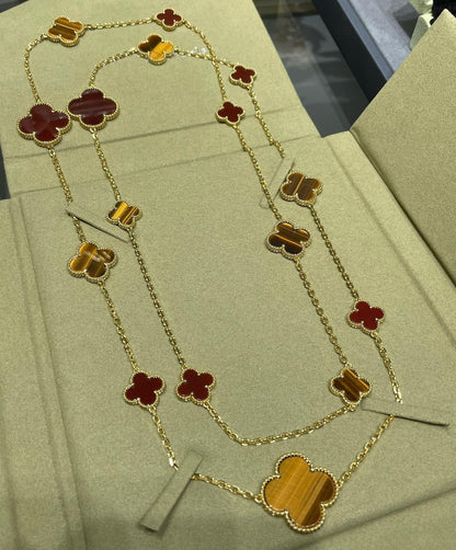[Windsor Jewelry]CLOVER 16 MOTIF CARNELIAN TIGER EYE ROSE GOLD NECKLACE