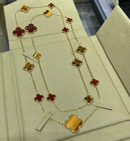 [Windsor Jewelry]CLOVER 16 MOTIF CARNELIAN TIGER EYE ROSE GOLD NECKLACE