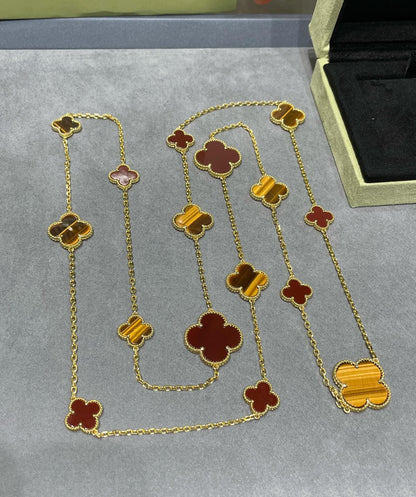 [Windsor Jewelry]CLOVER 16 MOTIF CARNELIAN TIGER EYE ROSE GOLD NECKLACE