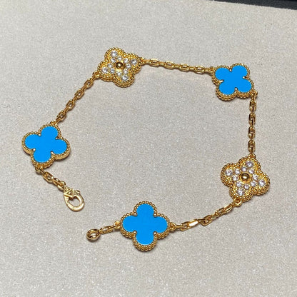 [Windsor Jewelry]CLOVER 5 MOTIF BLUE CHALCEDONY DIAMOND GOLD BRACELET