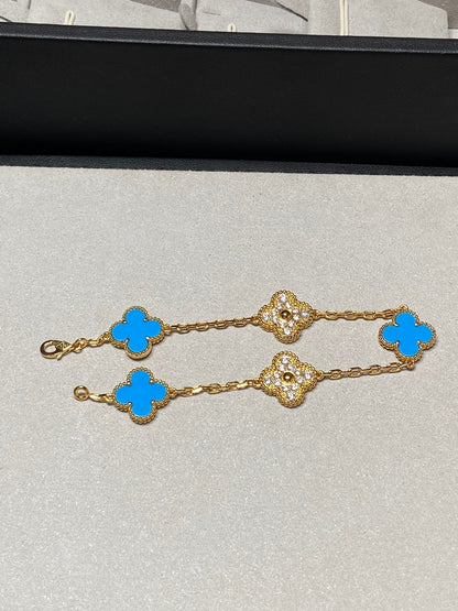 [Windsor Jewelry]CLOVER 5 MOTIF BLUE CHALCEDONY DIAMOND GOLD BRACELET